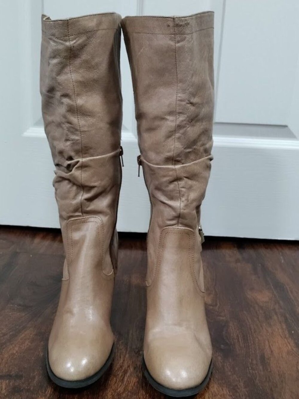 Guess MALLAY Tan Leather Side Zipper Mid-Calf Chunky High Heeled Boots Size 9 - Picture 2 of 16